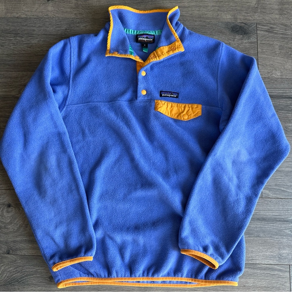 Patagonia Women's M Synchilla Snap-T Fleece Pullover Sweater  Blue/Yellow #25455